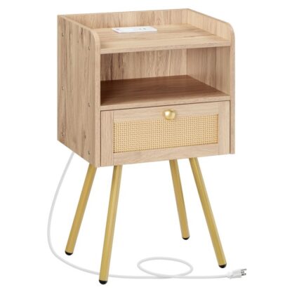 table de nuit avec station de recharge, table d'appoint de lit avec tiroir de décoration semblable à un rotin, Table de bout en rotin avec rangement ouvert, table de chevet pour la chambre, salon, Salle d'étude Chêne blanc