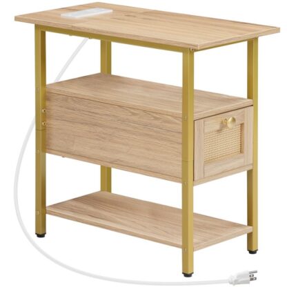 fin de table, table d'appoint avec station de recharge, Tableau de nuit avec tiroir, table basse de style rattan, table de chevet mince pour les petits espaces, salon, chambre à coucher, chêne blanc et or