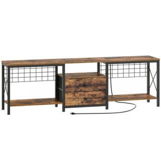 Industrial Style TV Stand med stikkontakt op til 75 Tomme, Vintage Entertainment Center med 2 Stofskuffer, TV -konsolbord med åbne opbevaringshylder til tv'er, Kabelstyring, til stuen, Soveværelse