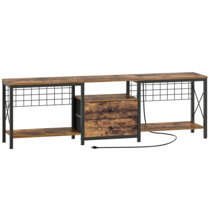 Industrial Style TV Stand with Power Outlet Up to 75 Inch, Vintage Entertainment Center with 2 Fabric Drawers, TV Console Table with Open Storage Shelves for TVs, Cable Management, for Living Room, Bedroom