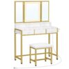vanity desk set, makeup vanity set, with led lighted mirror and power outlet, vanity table with tri-fold mirror and 3 drawers, sponge-padded makeup stool, for bedroom, white and gold