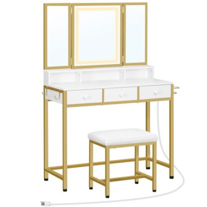 Vanity Desk Set, Sada make -upu, s LED osvětleným zrcadlem a výstupem napájení, marnost stůl s trojnásobným zrcadlem a 3 zásuvky, Make-up Stolička na houba, pro ložnici, bílá a zlatá