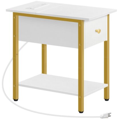 Side Table with Charging Station, Narrow End Table, Bedside Table, Sofa Side Table with Drawer, 2-Tier Coffee Table, Space Saving, Living Room, Bedroom, Study, Gold and White