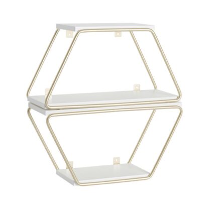 Étagères flottantes dorées, Ensemble d'étagères murales trapézoïdales 2, Étagère suspendue double couche, Étagère murale à combinaisons gratuites, pour Salon Salle de bain Cuisine Chambre, Blanc et Or