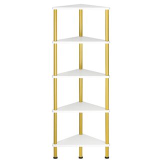 Scaffale d'angolo, libreria angolare a parete a 5 livelli industriale con telaio metallico, Servi, libreria d'angolo per piccoli spazi, camera da letto, soggiorno, bianco e oro