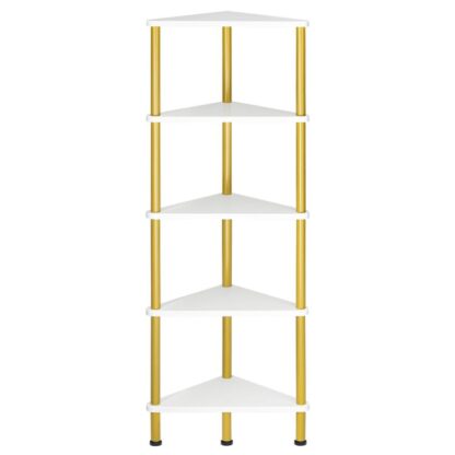 sarokpolc, Ipari 5-Tier Wall Corner könyvespolc fémkerettel, sarokpolc állvány kijelző növény virág, Corner könyvespolc kis terekhez, hálószoba, nappali, fehér és arany