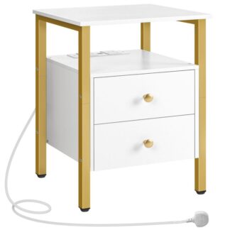 lůžkový stůl s nabíjecí stanicí, BEDSIDE STABLE S USB, Nabíjecí boční stůl, 2 AC prodejny a 2 USB porty, lůžkový stůl s 2 zásuvky, pohovka boční stolek, bílá a zlatá