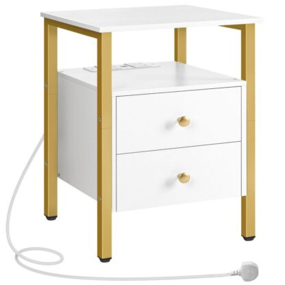comodino con stazione di ricarica, comodino con USB, tavolino di ricarica, 2 Outlet AC e 2 Porte USB, comodino con 2 cassetti, tavolino del divano, bianco e oro