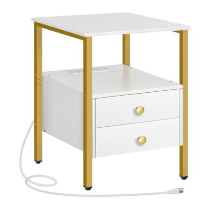 Table de bout avec station de recharge, Table de chevet avec 2 Tiroir & Ports USB & Prises de courant, Table de nuit pour petits espaces, Stable et robuste, pour le salon, Chambre à coucher, Blanc et Or
