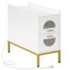 Narrow Side Table with Charging Station, Slim Nightstand for Small Spaces, End Table with 2 Drawers, Modern Style Bedside Table, for Home, Bedroom, Living Room, White and Gold