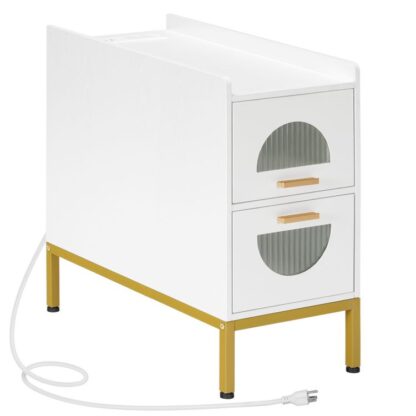 Narrow Side Table with Charging Station, Slim Nightstand for Small Spaces, End Table with 2 Drawers, Modern Style Bedside Table, for Home, Bedroom, Living Room, White and Gold