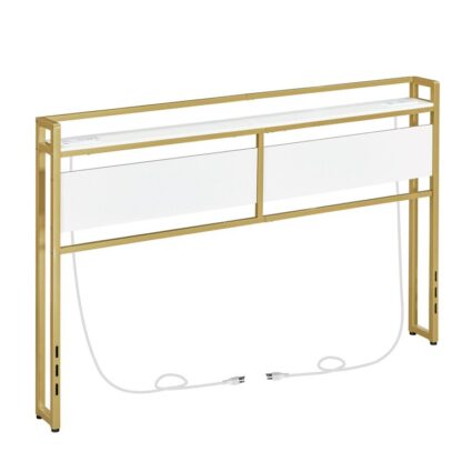 Kopfteil in Queen-Size-Größe, Kopfteil mit 2 Outlets und 4 USB-Anschlüsse, Verstellbare Höhe, Lagerregal, Robust und stabil, Einfache Montage, Weiß und Gold