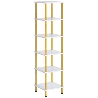 6-Étagère d'angle à niveaux, Présentoir carré d'angle, Support pour plantes à support de rangement haut, Bibliothèque d'angle pour petits espaces, Salon, Bureau à domicile, Cuisine, Blanc et Or