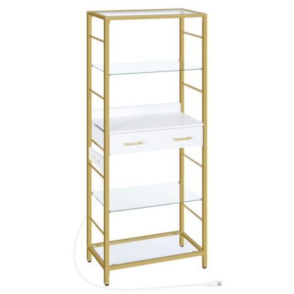 5 libreria di livello, libreria bianca e dorata con cassetto, Scaffali di stoccaggio con stazione di ricarica, libreria in vetro temperato con telaio metallico, Scaffali per esposizioni aperte per soggiorno, oro