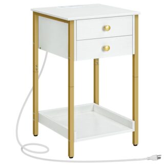 nightstand with charging station, tall end table, side table with drawers and storage shelf, industrial telephone table for bedroom, space saving, easy assembly, white and gold
