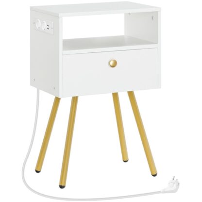 Mesa de cabeceira com estação de carregamento, Mesa Lateral com Gaveta e Compartimento Aberto, Mesa de sofá, 28 x 38 x 60 cm, Mesa lateral para quarto, Branco e