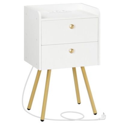 Bettsahn Tabelle mat Opluedstatioun, Side Table mat 2 Klappend Tiräng an oppen Regal, Sofa Dësch, Kaffisvueren, Maletéierte Been, fir Büro, Schlofkummer, Wäiss a Gold