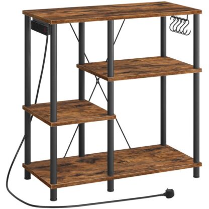 Bakers rack med strømuttak, Frittstående kjøkkenstativ, Kitchen Storage Unit, 4-Tier mikrobølgeovn står med 5 S-formede kroker til spisestue, stue, rustikk brun og svart