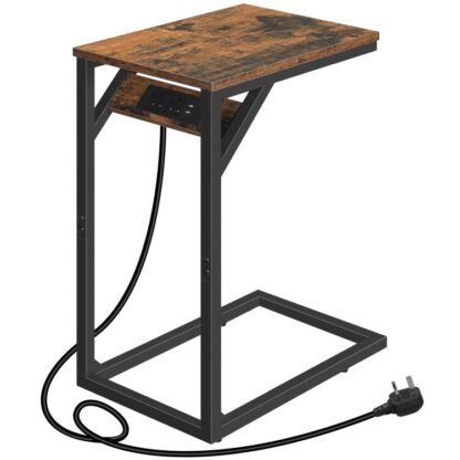 C taobh -tábla múnlaithe, Tábla tolg le stáisiún muirir, Tábla ríomhaire glúine le haghaidh tolg, 2 Calafoirt USB 2 asraonta AC, Tábla caol cois leapa le cumhacht, seomra suí, seomra codlata, Rustic donn agus dubh
