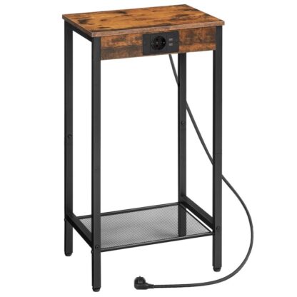 Table d'appoint avec station de charge, TABLEAL HAUTE TEMPLE AVEC POWER SPELL, table de chevet étroite avec douille pour le salon, chambre à coucher, brun vintage et noir