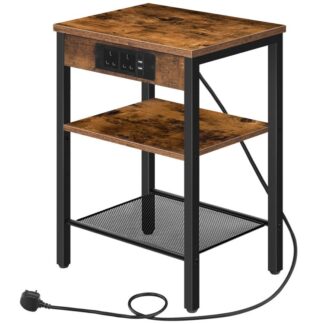 Sidebord med ladestation, Sengbord med opladningsstation, 2 Stikkontakter og 2 USB-porte, Smal sidebord, 3-Tier Bedside -bord, Justerbar hylde, Rustik brun og sort