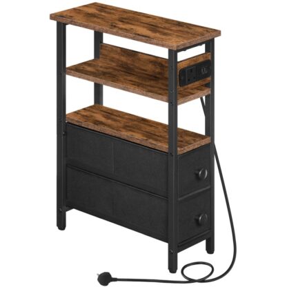 Şarj İstasyonlu Yan Sehpa, Dar Yan Sehpa 2 Dokumasız Çekmeceler, USB Bağlantı Noktaları ve Güç Çıkışı, 40 x 18 X 60 cm Küçük Alan İçin İnce Komodin, Rustik Kahverengi ve Siyah