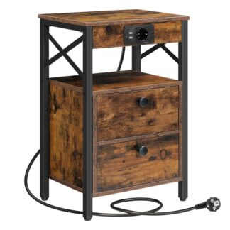Sengbord med opladningsstation sofabord med 2 Foldede skuffer Multilag opbevaring til stue soveværelse justerbare fødder vintage brun/sort