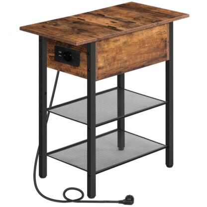 Mesa lateral, Mesa de cabeceira de flip-top com soquete, Mesa de sofá com aba, Pés ajustáveis, Mesa lateral esbelta para a sala de estar, Quarto, Vintage Brown/Black