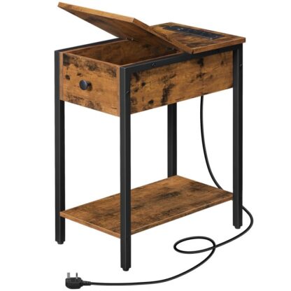 narrow side table, slim bedside table with charging station, usb ports & power outlets, nightstand for living room, bedroom, flip top, rustic brown and black