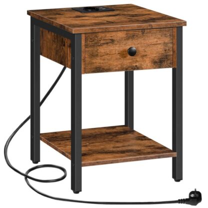 mesa de cabeceira com estação de carregamento e portas USB, mesa lateral com gaveta e prateleira, mesa de cabeceira para espaços pequenos e quartos, Vintage Brown/Black