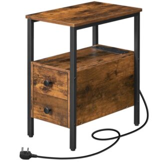 table d'appoint, table d'appoint de lit étroit avec station de charge, ports USB & prises de courant, Table d'appoint mince pour les petits espaces, 2 tiroirs, Nightstand industriel, brun rustique et noir