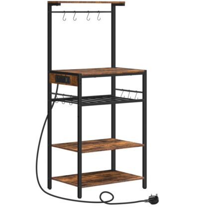 Bakers rack med stikkontakt, fritstående køkkenhylder, 4-Tier mikrobølgestativ, Køkkenopbevaringsenhed med justerbart vinstativ, til spisestue, stue, Rustik brun