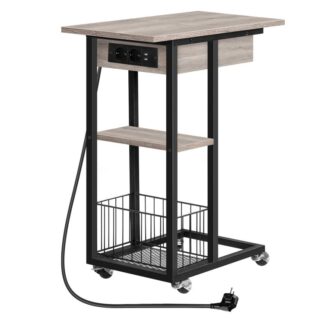 tall coffee table with charging station, con ruote e ripiani, c shape side table, Porta e socket USB, Tavolo di divano per soggiorno, camera da letto, Greige e nero