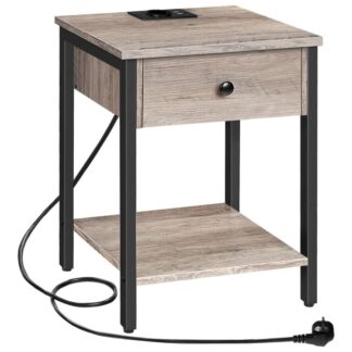 Sengbord med opladningsstation og USB -port, med skuffe og opbevaringshylde, Til lille plads og soveværelse, grå
