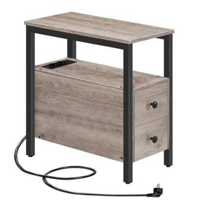 mesa lateral com estação de carregamento, mesa lateral do sofá com 2 gavetas, porta USB e saída de energia, mesa de cabeceira para pequenos espaços, sala de estar, quarto, cinza e preto