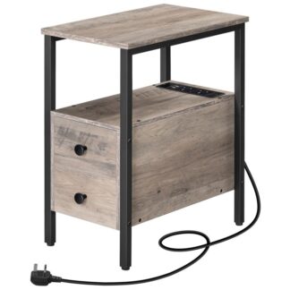 table d'appoint étroite, table d'appoint de lit avec station de charge, ports USB & prises de courant, Table d'appoint mince pour les petits espaces, 2 tiroirs, Nightstand industriel, Greige et noir