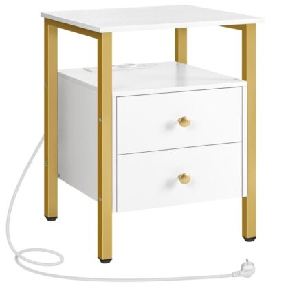 Nachttisch mit Steckdosen und USB -Häfen Couchtisch mit Schubladen und Lagerbereich für Wohnzimmer Schlafzimmer leicht zu montieren weiß und gold