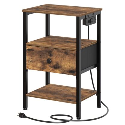 Mesita de noche con estación de carga, Mesa auxiliar con cajones de tela no tejida, Mesa auxiliar con almacenamiento, Mesita de noche para salón, Dormitorio, Oficina, Marrón rústico y negro.