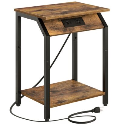 Endebord med ladestation, Natbords med type-C-porte og USB, 2-Tier sidebord med opbevaring, Sengebord til små rum, Rustik brun og sort