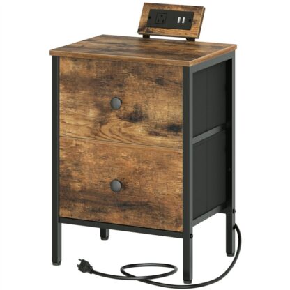 nightstands, Enn Dëscher mat Opluedstatioun, Säit Table mat 2 Tiräng, niewendrun, Nuecht steet fir kleng Plazen, Schlofkummer, rustikal brong