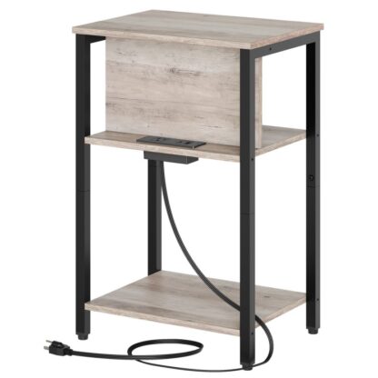Tavolino con stazione di ricarica, Comodino con presa, Porta USB e tipo C, 3-Tavolino a livelli con piedini regolabili, per soggiorno, Camera da letto, Greige e Nero