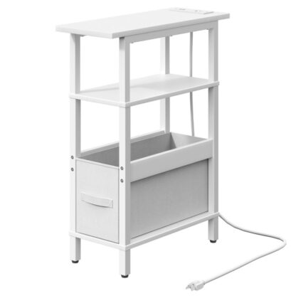 Smalt sidebord med ladestasjon, Lite magert endebord med stoffoppbevaring, Slankt nattbord for små rom, Tynt sofabord til stuen, Soverom, Hvit