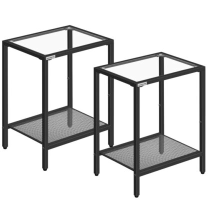 bijzettafels set van 2, bijzettafel met gehard glazen bovenkant, smal naast tafel voor kleine ruimte, 2-Laag nachtkastje met opslagplank, Voor een bank en bed, Eenvoudige montage, zwart