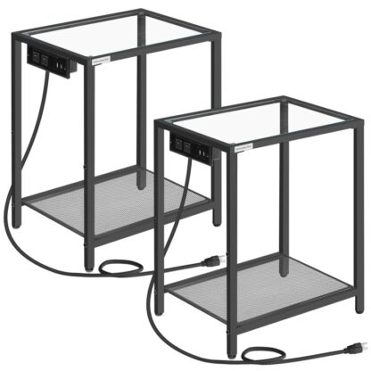 sidebord med ladestasjon, sett med 2 Sluttbord med USB -porter & strømuttak, Ved siden av bordet for liten plass, 2-Tier nattbord med herdet glass topp, for soverommet, svart