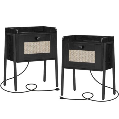 Nightstands with Charging Station, Side Table Set of 2, Beside Table with Ample Imitation Rattan Storage, Mid Century Modern Night Stand, End Table, for Living Room, Black