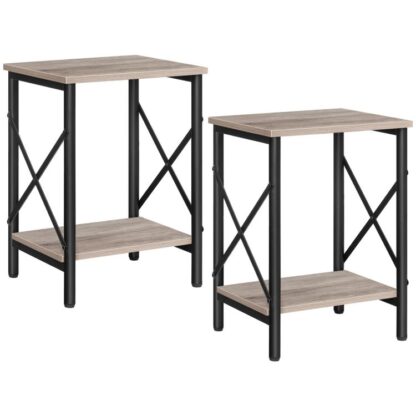Set di comodini 2, Tavolino con contenitore, Comodino dal design a forma di X, Tavolino stretto per piccoli spazi, Terminale moderno con struttura in metallo, Montaggio semplice, Greige
