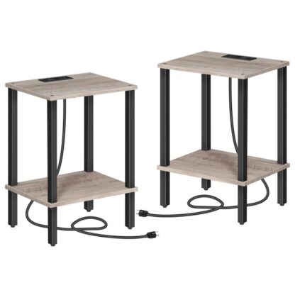 juego de mesa auxiliar de 2, mesa auxiliar con estación de carga, mesita de noche con puertos y salida USB, Mesa de noche de madera para un espacio pequeño,sala de estar, dormitorio, ensamblaje fácil, Grair
