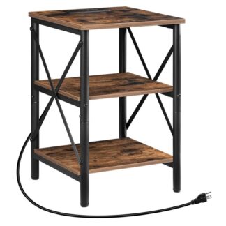 mesa auxiliar con estación de carga, 3-mesita de noche de nivel con puertos y puntos de venta USB, 23" mesa auxiliar industrial retro, marco de metal, para sala de estar, dormitorio, entrada, marrón rústico