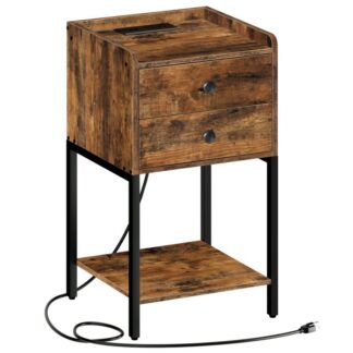 nachtkastje met laadstation, eindtafel met stroomuitlaten & USB -poorten, hoge bijzettafel met 2 laden en houten plank, nachtkastje voor slaapkamer, woonkamer, rustiek bruin