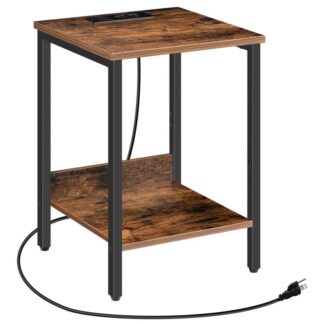 mesa auxiliar con estación de carga, 19.9 mesita de noche, 2-mesa auxiliar de niveles, mesa auxiliar industrial, ensamblaje fácil, para sala de estar, dormitorio, pasillo, entrada, marrón rústico